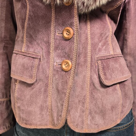 Y2K Suede Fitted Jacket Fox Fur Collar Size S Dusty Mauve Boho Glam Fall Autumn - Picture 6 of 16